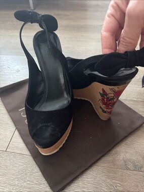 Gucci Black Suede Peep-Toe Wedges with Floral Cork Heel